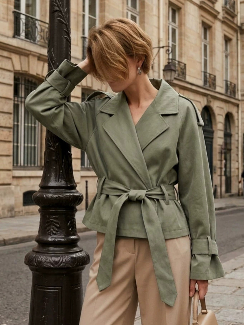 Zara Military Green Loose Long Sleeve Tie Waist Jacket Fall Winter